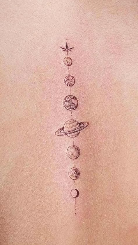 Back Tattoo Women Solar System, Back Tattoo Women Planets, Planet Alignment Tattoo, Tiny Planets Tattoo, Solar System Back Tattoo, Planets Spine Tattoo, Planet Tattoos Simple, Solar System Tattoo, Waist Tattoos