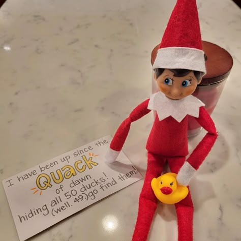 Elf On The Shelf Duck Ideas, Elf On The Shelf Im Back With A Friend, Elf On The Shelf Ideas Rubber Duck, Elf On The Shelf For Birthday, Elf On The Shelf Frost Pips Ideas, Rubber Duck Elf On The Shelf, Funny Teen Elf On The Shelf Ideas, Elf On The Shelf Ideas With Rubber Ducks, Elf On The Shelf With Raindeer Ideas