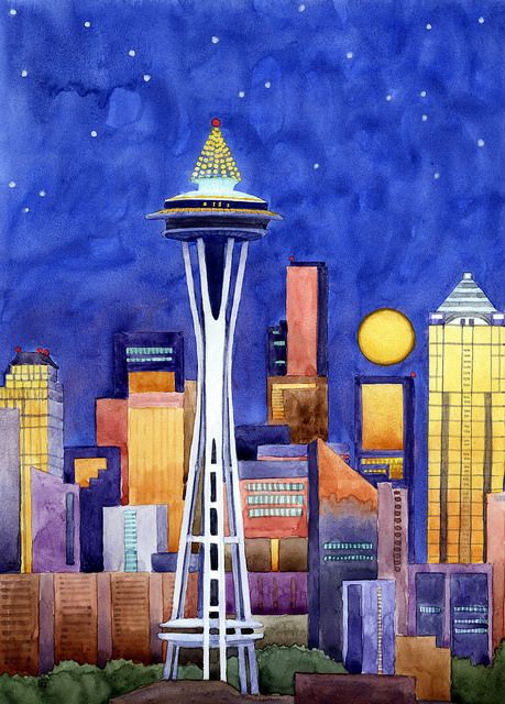 Space Needle Drawing, Needle Drawing, Simpson Art, Bart Simpson Art, Seattle Space Needle, Pacific Northwest Art, Space Needle Seattle, Simpsons Art, Seattle Art