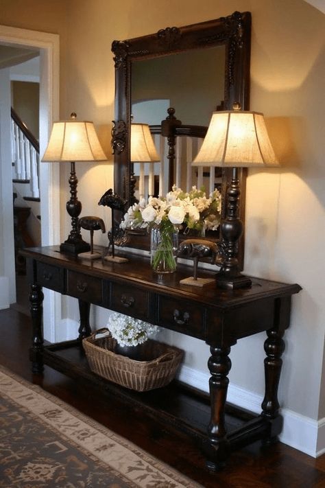 Elevate Your Entryway: 12 Hallway Décor Ideas - InspiredLiving Diy Console Table Entryway, Hallway Decor Ideas, Entryway Table Ideas, Entryway Table Decor Ideas, Welcoming Entryway, Buffet Table Decor, Console Table Entryway, Entry Table Decor, Diy Console Table