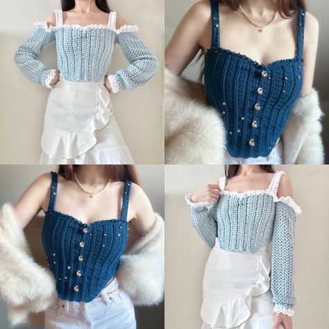 MIRANA CORSET TOP CROCHET PATTERN - crochet by nicole's Ko-fi Shop - Ko-fi ❤️ Where creators get support from fans through donations, memberships, shop sales and more! The original 'Buy Me a Coffee' Page. Crochet Corset With Sleeves, Knit Corset Top Pattern, Crochet Top Vintage, Crochet Bone Corset Pattern, Crochet Cottagecore Top, 90s Crochet Fashion, Crochet Top Corset, Corset Crochet Patterns Free, Free Crochet Patterns Tops