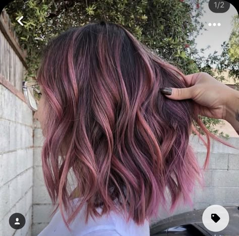 Pastel Pink Balayage Short Hair, Pink Balayage Medium Hair, Red And Pink Highlights On Dark Hair, Brunette And Pink Balayage, Pastel Pink Balayage Black Hair, Black Hair With Pink Balayage, Lavender Balayage Hair, Shoulder Length Brown And Pink Hair, Dark Brown Hair Pink Balayage