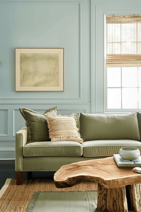 Cozy Living Room Inspo: Perfect for Relaxing Evenings Light Green Sofa Living Room, Blue Green Couch, Green And Blue Living Room, Blue Upholstered Chair, Blue And Green Living Room, Brown And Blue Living Room, Modern Living Room Design Ideas, Green Sofa Living Room, Green Wall Color