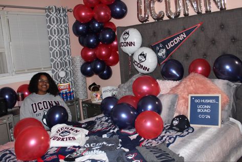 Uconn Bed Party, College Bed Decorating, College Bed Decorating Party, College Acceptance Bed, College Bed Party, College Bed, Bed Party, College Bedding, College Acceptance