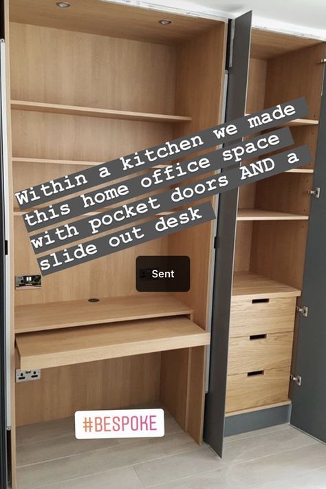 Desk Behind Sliding Door, Cupboard Desk Ideas, Hiding Office In Living Room, Home Office In Wardrobe, Built In Cupboards With Desk, Hidden Office Cupboard, Hidden Desk In Wardrobe, Hidden Office In Living Room Built Ins, Hidden Desk Home Office