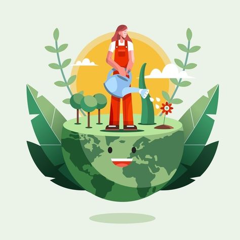 Environment Day Illustration, Planet Concept, Happy Environment Day, World Environment Day Posters, Environmental Posters, Earth Day Posters, Flat World, Eco Logo, Drawing Cartoon Faces