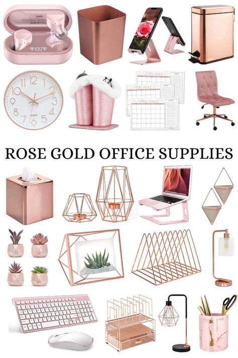 a pin for a blog post called Rose Gold Office Supplies from Amazon Rose Gold Home Office, Gold Home Office Decor, Pink And Gold Office, Gold Home Office, Pink Bedroom Accessories, Rose Gold Office Decor, Rose Gold Desk, Rose Gold Room Decor, Gold Office Supplies