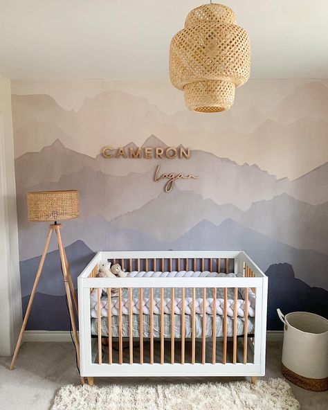 Nice tones but I would not do mountains. Since we are in the Midwest, I think relatable scenes like farmland/crop line, hills, apple trees, etc. Mountain Nursery Theme, Ikea Nursery, Boy Nursery Themes, Baby Room Themes, Nursery Mural, Nursery Room Design, Baby Room Inspiration, Baby Boy Room Nursery, Nursery Room Inspiration