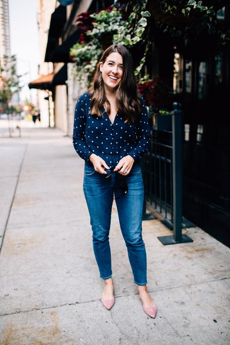 Navy Blue Polka Dot Shirt Outfit, Navy Polka Dot Top Outfit, Blue Polka Dot Shirt Outfit, White Polka Dot Blouse Outfit, Navy Jeans Outfit, Polka Dot Shirt Outfit, Polka Dot Blouse Outfit, Polka Dot Top Outfit, Liz Adams