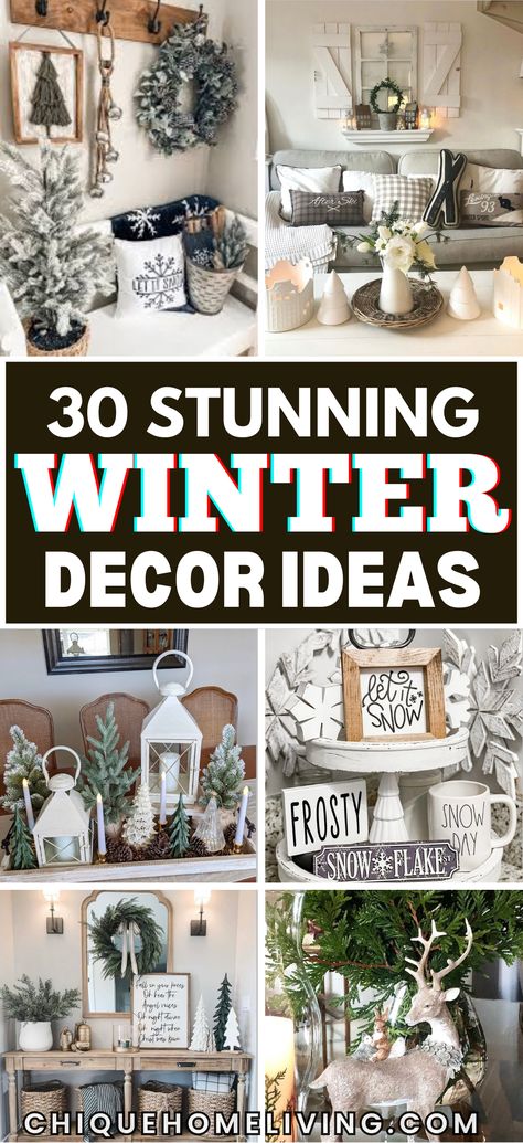 29 Winter Decor Ideas to Cozy Up Your Home! ❄️ Transform your space into a warm, inviting retreat this season with these creative ideas. Add cozy vibes with chunky knit blankets, faux fur throws, and soft neutral pillows. Incorporate natural elements like pinecones, birch logs, and evergreen garlands for a rustic touch. Use candles and string lights to create a magical winter glow. Highlight seasonal details like snowflake ornaments, frosted wreaths, or winter-inspired wall art. Whether you pref Winter Vignettes Ideas, Winter Decorations Diy After Christmas, Winter Bread Bowl Decor, Winter Tabletop Decor Ideas, Winter Diy Home Decor, Winter January Decor Ideas For The Home, Winter Decor Non Christmas, Winter Shelf Styling, Pottery Barn Winter Decor