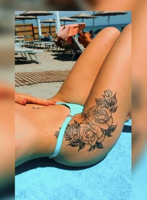 Twisty Tattoo, Side Thigh Tattoos Women, Side Hip Tattoos, Side Thigh Tattoos, Cute Thigh Tattoos, Thigh Sleeve, Bum Tattoo, Floral Thigh Tattoos, Hip Thigh Tattoos