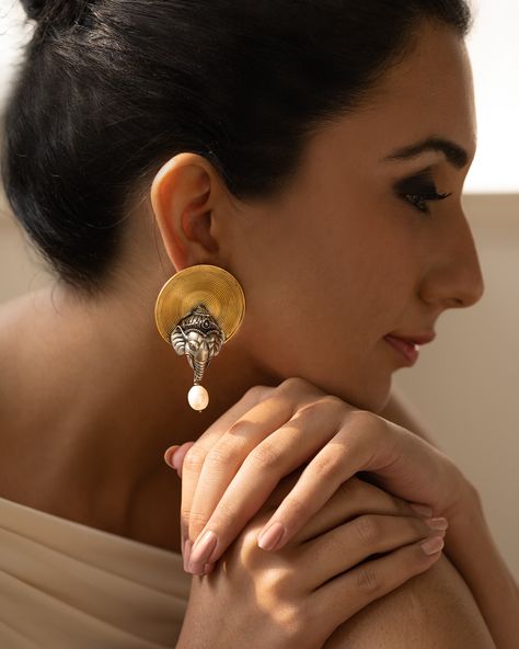 Trendy yet traditional, modern yet contemporary Shri Ganesha Earrings Material: 92.5 Silver Photography @anjalitiwari_photography Muse @preetika_pahwa MUA @sumita_vachher Dm us or Whatsapp on +91 8520 888 461 for details and purchase. (Katha of jewels, jewellery ideas, Indian jewellery art, moissanite polki jewellery) Polki Jewellery, Indian Jewellery, Ganesha, Jewelry Art, Silver, Photography, Art