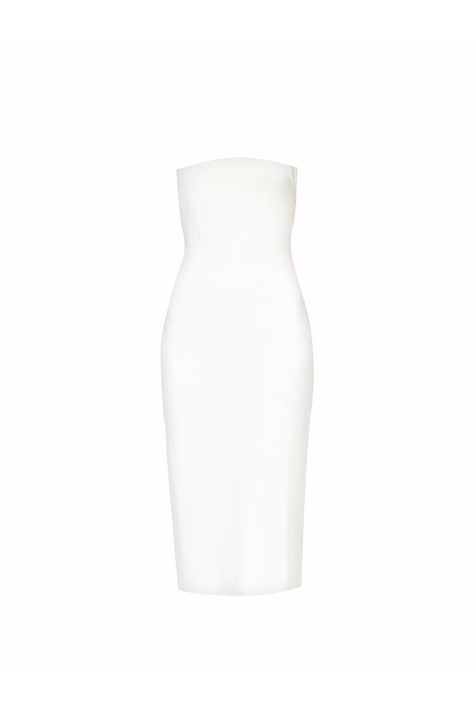 Fine knit textured midi dress. Strapless bandeau shape. Ribbed panels.  Slim fit.  Slips on.  Stretch fabric. 80% Viscose, 20% Polyamide.  Dry clean only. Midi Dress Strapless, Sydney White, Knit Bandeau, Dressy Hats, Ribbed Paneling, White Strapless Dress, Strapless Bandeau, Ribbed Midi Dress, Slim Fit Dresses