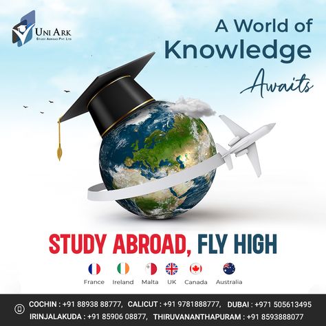 Do you plan to Study Abroad?✈️ Don't have the clear information you need? Uniark is here to fulfill your dream of international education.🌍🎓 ☑️Unlock Boundless Opportunities with Uniark!! 🎯 It's time to turn your study abroad dreams into reality! Call us! 📲 A call can change your destiny! For enquiries visit: 🌐 www.uniark.in 📍 Ernakulam ☎ 0484-4027772, +91 8893888777 📍 Calicut: +91 9781888777 📍 Dubai: +971505613495 Abroad Study Poster, Abroad Study, New Year Post, Creative Post, Education Poster Design, Real Estate Advertising, Overseas Education, Global Education, Dreams Into Reality