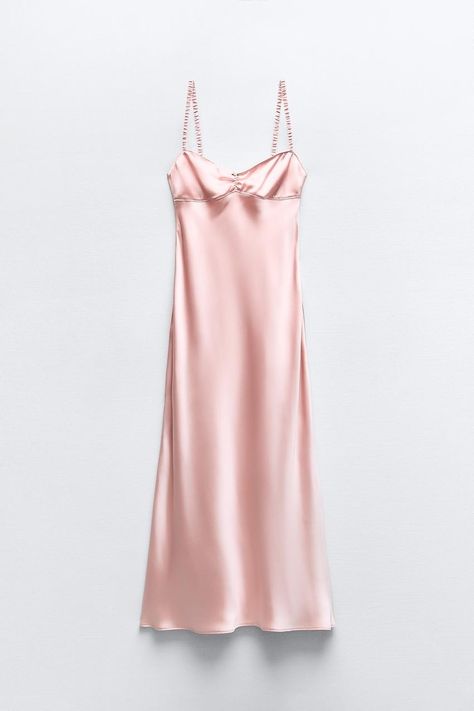 FLORAL SATIN EFFECT SLIP DRESS - Pink | ZARA United States Pink Satin Slip Dress, Zara Pink Dress, Zara Slip Dress, Cami Mendes, Pink Satin Dress, Pink Silk Dress, Beach Coverup Dress, Silk Dress Long, Digital Closet