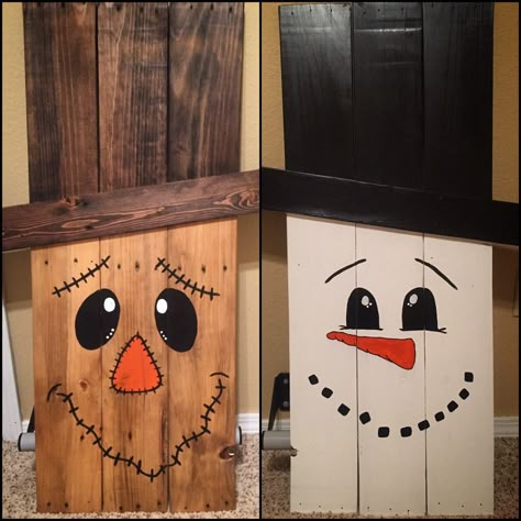 Reversible scarecrow for fall, snowman for winter! Pallet Scarecrow Snowman, Snowman Pumpkin Reversible Wood, Snowman And Scarecrow Reversible, Scarecrow Snowman Reversible Diy, Scarecrow Pallet Ideas, Reversible Halloween And Christmas Sign, Reversible Scarecrow Snowman, Reversible Scarecrow And Snowman, Pallet Scarecrow