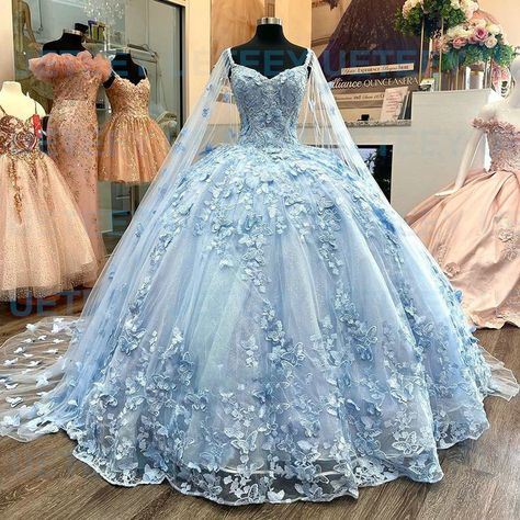 ANGELSBRIDEP Sky Blue Quinceanera Dresses 3D Handmade Butterfly Lace Appliqued With Cape Crystal Quinceanera Ideas Blue, Baby Blue 15 Dresses Quinceanera, Dusty Blue Quinceanera Dresses, Light Blue Quinceanera Theme, Baby Blue Quince Dresses, Baby Blue Quinceanera Theme, White Quince Dress, Baby Blue Quinceanera Dresses, Quincenera Dress