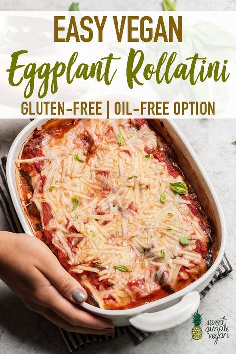 Learn how to make a vegan eggplant rollatini with this simple and delicious recipe. Thinly sliced eggplant is stuffed with homemade vegan ricotta cheese, smothered in a homemade marinara sauce, and topped with vegan mozzarella cheese. It's ready in about and hour and makes for a perfect meal any night of the week. #vegan #entree #eggplant #rollatini #holidayentree #veganricottacheese #veganparmesancheese #veganrollups #veganitalian #eggplantrecipe #vegancheese #sweetsimplevegan Vegan Eggplant Recipe, Ovulation Phase, Vegan Ricotta Cheese, Sliced Eggplant, Vegan Copycat, Vegan Mozzarella Cheese, Vegan Mediterranean, Eggplant Rollatini, Homemade Marinara Sauce