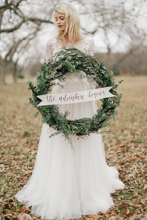 organic winter wedding inspiration - photo by Feather and Twine Photography http://ruffledblog.com/organic-winter-wedding-inspiration Diy Wedding Wreath, Evergreen Wedding, Photobooth Ideas, Wedding Wreath, The Adventure Begins, Wreath Wedding, Organic Wedding, Winter Wedding Inspiration, Winter Wonderland Wedding