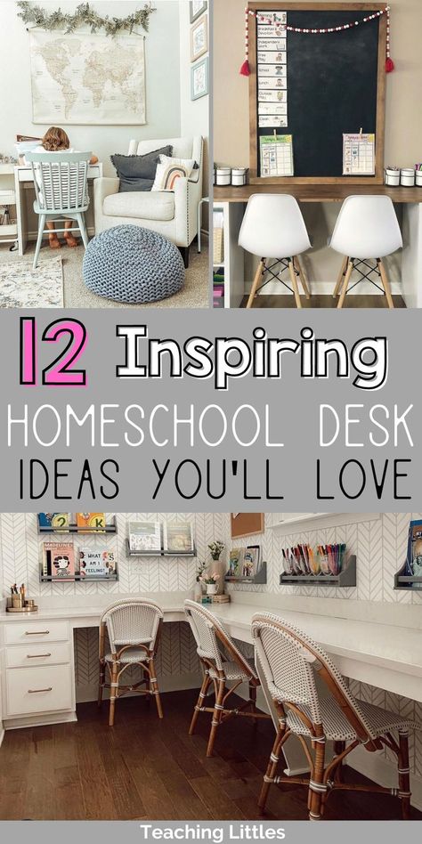 Homeschool Desk Ideas, Kids Office Space, Small Space Homeschool Organization, Preschool Desk, Small Space Homeschool Room, Kids Study Room Ideas, Homeschool Classroom Setup, Kids Homework Room, School Room Organization