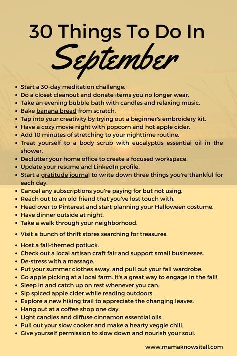 30 Things to Do For You in September - Mama Knows It All Fun Things To Do In September, What To Do In September, Romanticize September, Goals For September, September Goals List, September Bingo, September Checklist, September To Do List, September Bucket List