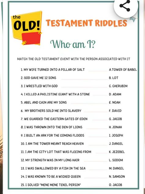 Bible Riddles With Answers For Adults, Bible Riddles With Answers, Christian Activities For Kids, Bible Trivia For Adults, Jw Family Worship Ideas Kids, Bible Games For Youth, Sunday School Activity Sheets, Bible Quiz Games, Books Of The Bible Trivia For Kids