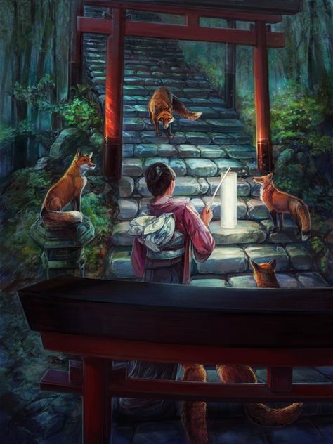 Fox Shrine by thegryph Kitsune Shrine, Shrine Art, Shrines Art, Historical Illustration, Landscape Concept, World Of Fantasy, Fantasy Places, Fantasy Artwork, Character Portraits