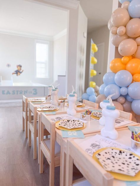 Modern Paw Patrol | CatchMyParty.com Classy Paw Patrol Party, Paw Patrol Modern Party, Aesthetic Paw Patrol Birthday, Modern Paw Patrol Birthday Party, Paw Patrol Party Table, Modern Paw Patrol Party, Paw Patrol 3rd Birthday, Paw Patrol Birthday Party Ideas, Paw Patrol Party Ideas