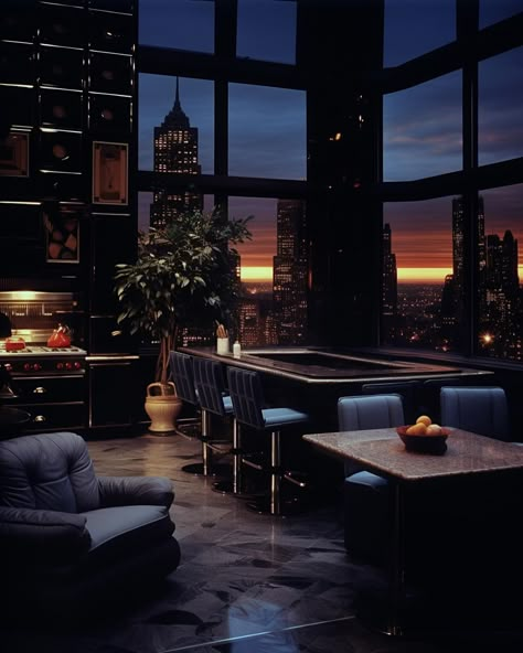 Dark luxury in New York / 1984 🖤 • • • • (AI images — MJ 5.2) #80sinterior #1980sinterior #80saesthetic #1980s #80svibes #80snostalgia #80sdecor #80s #vintage #interiordesign #homedecor #luxuryhomes Nyc 80s Aesthetic, New York 80s Aesthetic, 80s New York Apartment, Vintage New York Apartment, Nyc Penthouse Aesthetic, New York Penthouse Aesthetic, 80s Penthouse, 80s House Interior, New York Apartment Aesthetic