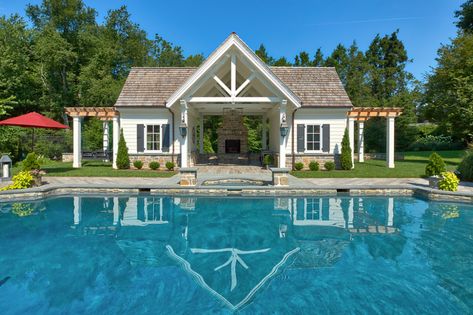 Detached Pool House — Martin J. Cappelletti Custom Builders, INc Pool House Interior Design, Pool House Layout, Farmhouse Pool House, Interior Design Beach House, Pool House With Bathroom, Pool House Interior, Interior Design Beach, Garage Pool House, Outdoor Pool House