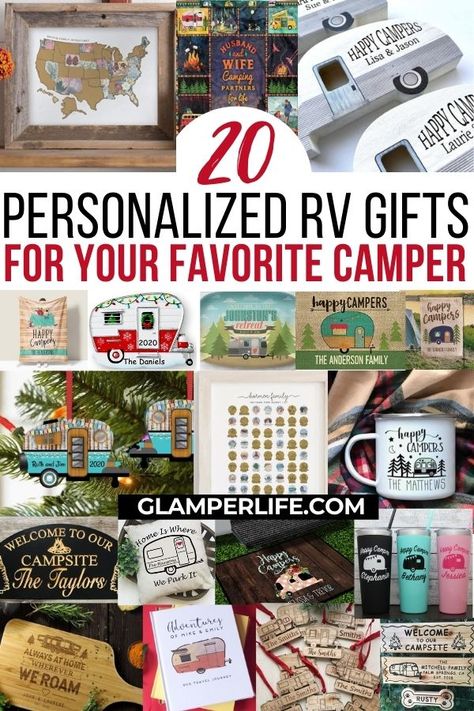 Looking for a fun gift idea for your friends who love their RV? Maybe you don't know what they need for their camper or perhaps they already have everything when it comes to supplies. Personalized RV gifts are always a unique and thoughtful gift and in this blog post, we rounded up 20 neat ideas for gifting. All of these items can be personalized with names, etc! #giftguide #christmas #rv #camping #glamperlife Camping Baskets Gift Ideas, Homemade Camping Gifts, Personalized Camping Gifts, Rv Cricut Ideas, Diy Camping Gifts Ideas, Rv Gift Basket Ideas, Cricut Camping Ideas, Crafts For Campers, Camper Gift Basket Ideas