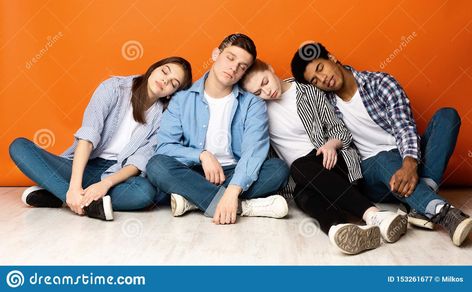 Photo about Tired school friends sleeping on each other shoulders sitting over orange background. Image of exhausted, colorful, floor - 153261677 Shoulder Sleep Couple, Sleeping On Someones Lap Reference, Two People Leaning On Each Other, 3 People Sleeping Pose, Person Sleeping On Shoulder Reference, Two People Sitting Next To Each Other, Sleeping Sitting Up, People Sitting Next To Each Other, Sleep On Shoulder Couple