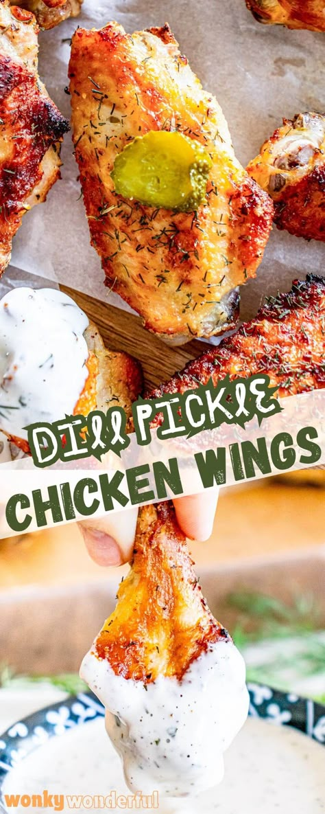 DILL PICKLE CHICKEN WINGS are a super flavorful way to make appetizer wings. Chicken wings soaked in dill pickle juice, tossed in a dry season then roasted to crisp juicy perfection. Chicken Wings In Pickle Juice, Dill Pickle Dry Rub Chicken Wings, Dill Pickle Wing Sauce, Dill Pickle Wings Recipe, Pickle Flavored Food, Dill Pickle Wings, Pickle Roast, Pickle Wings, Dill Pickle Chicken Wings