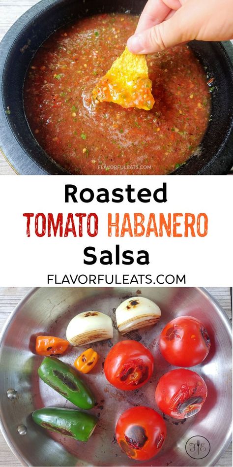 Roasting fresh tomatoes, onion, jalapeno and habanero peppers is what gives Roasted Tomato Habanero Salsa its irresistible flavor. This easy recipe creates the perfect dip for tortilla chips, and a spicy, flavorful addition to tacos, burritos, nachos, omelets, and wherever else you need salsa! Habanero Recipes, Mexican Salsa Recipes, Habanero Salsa, Tacos Burritos, Hot Sauce Recipes, Spicy Salsa, Habanero Peppers, Roasted Tomato, Peppers Recipes