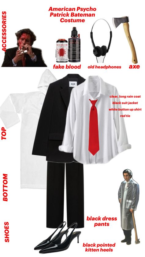 American Psycho Patrick Bateman Halloween Costume (shoes are my preference) Patrick Bateman Outfit, Patrick Bateman Costume, Halloween Costume Shoes, Patrick Bateman, Long Rain Coat, Black Suit Jacket, Costume Shoes, Red Tie, White Button Up