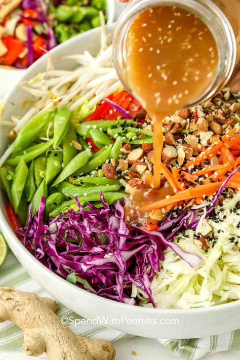 Chopped Salad Dressing, Easy Chopped Salad, Salad Base, Asian Chopped Salad, Asian Salad Recipe, Asian Inspired Salad, Sesame Ginger Dressing, Ramen Noodle Salad, Spend With Pennies