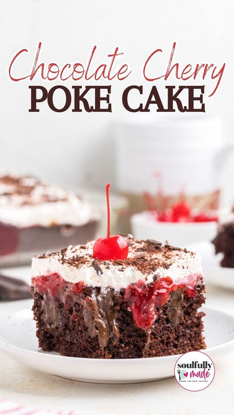 This Black Forest Poke Cake is filled with decadent layers of chocolate cake, silky chocolate pudding, tart cherry pie filling, and a creamy layer of whipped topping. With simple ingredients and effortless prep, this poke cake transforms a popular layer cake into quick and easy no-fuss deliciousness! Poke Hole Cakes, Strawberry Fudge Poke Cake, Black Forest Cake From Box Cake, Black Forest Poke Cake Recipe, Black Forest Sheet Cake, Blackforest Cake Recipes Easy, Black Forest Cake Recipe Easy, Black Forest Poke Cake, Black Forest Dump Cake