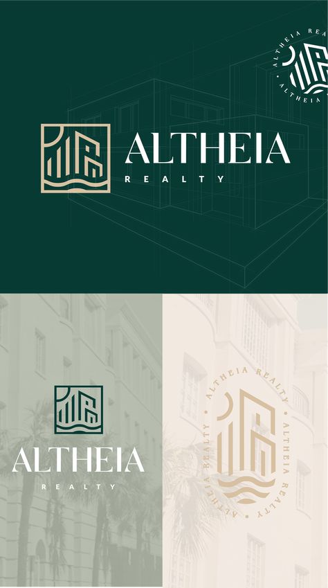 Modern visual identity for Altheia Realty, combining deep green and gold tones to reflect their premium positioning in the luxury real estate market, with a logo that embodies sophistication, trust, and architectural elegance Green Identity Branding, Logo Real Estate Luxury, Real Estate Visual Identity, Luxury Logo Ideas, Luxury Real Estate Branding, Hospitality Logo, Luxury Real Estate Logo, Property Branding, Property Logo