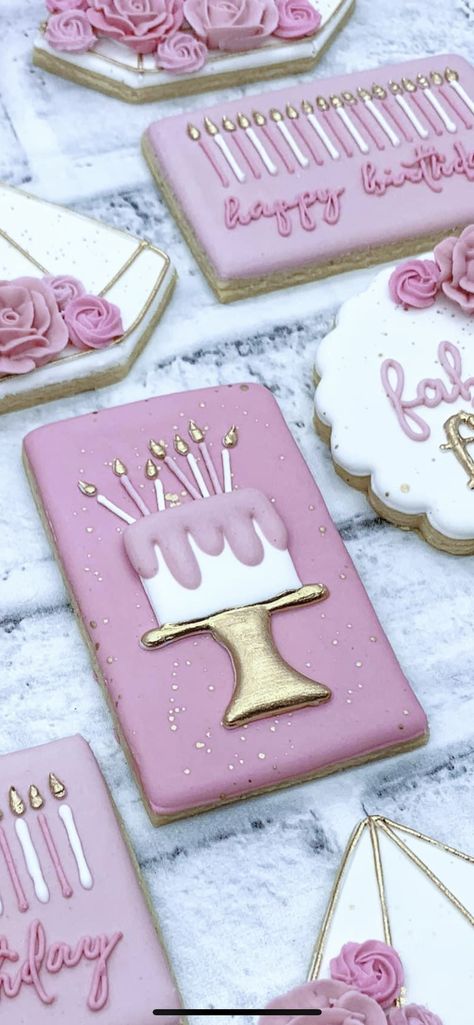 Elegant Birthday Cookies Royal Icing, Girly Birthday Cookies Decorated, 40th Bday Cookies Women, 23 Birthday Cookies Decorated, Classy Cookies Decorated, Girly Royal Icing Cookies, Birthday Cookies Royal Icing Women, Baking Themed Cookies, Pink Royal Icing Cookies