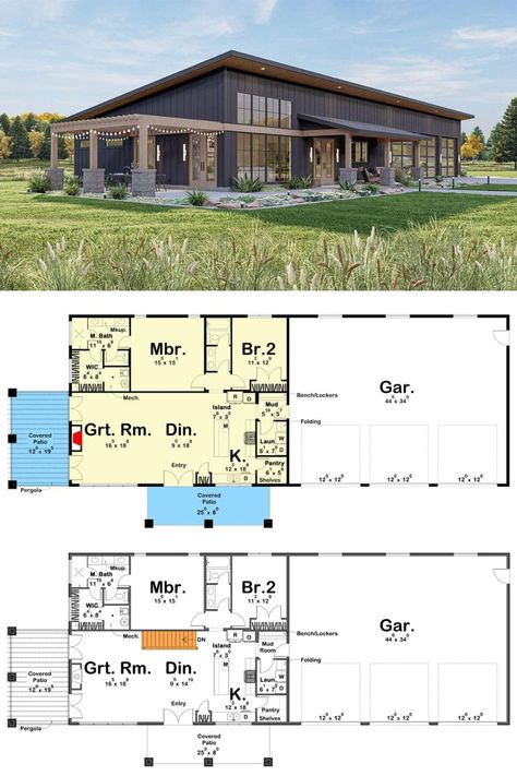 Vertical siding, a sloping roof, and expansive windows add modern touches to this 2-bedroom barndominium. It features large covered patios and a spacious front-loading garage with parking for three cars. Single Slope Roof House Plans, Single Slope Roof Barndominium, Slope Roof, Ny House, Sloped Roof, Sloping Roof, Skillion Roof, Barn Houses, Vertical Siding