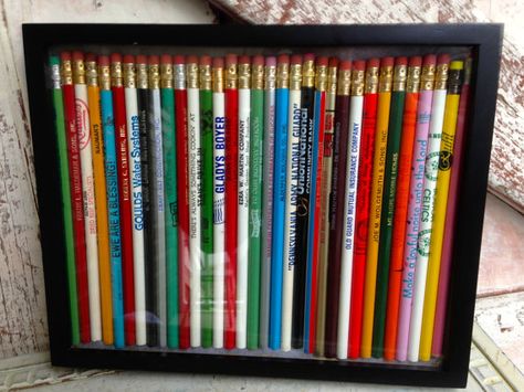 Idea for organizing my pencil collection for display - Vintage Pencil Collection in Frame by LititzCarriageHouse on Etsy, $20.00 Pencil Case Organization, Display Souvenirs, Making Cabinets, Make Your Own Kitchen, Pencil Collection, Pouch Ideas, Diy Pencil Case, Pen Display, Wood Carving For Beginners