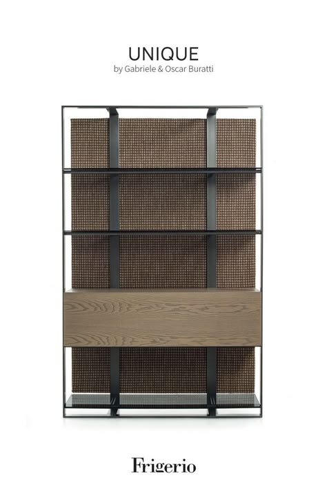 Free standing bookcase with metal structure supporting glass shelves and back covered in fabric with wooden storage for a modern free standing bookcase element Minimalist Cabinet Design, Minimalist Contemporary Living Room, Furniture Details Drawing, Unique Bookcase, Minimalist Cabinet, Studio Bag, Wooden Rack, Minimalist Contemporary, Home Design Living Room