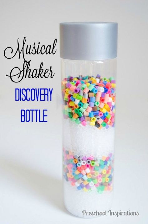 Musical Shaker Discovery Bottle with Beads. A perfect sensory play activity for children of all ages. Latest Craft Ideas, Musical Shakers, Movement Preschool, Diy Sensory Toys, Calm Down Bottle, Preschool Sensory, Discovery Bottles, Sensory Bottle, Homemade Instruments