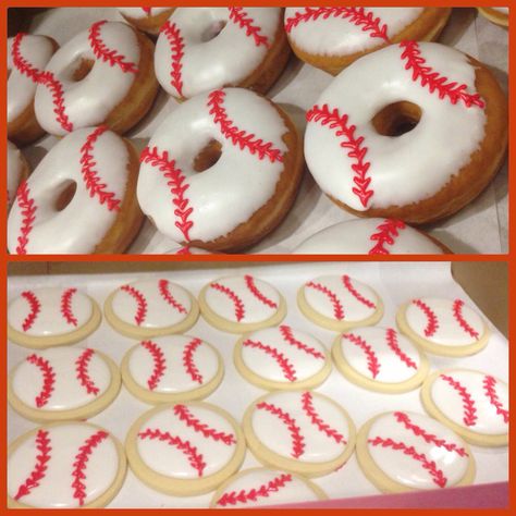 •Baseball Cookies & Donuts• Baseball Donuts Party Ideas, Baseball Donut Ideas, Baseball Snacks, Baseball Cupcakes, Baseball Costumes, Baseball Cookies, Baseball Theme Birthday, Baseball Cake, Baseball Theme Party