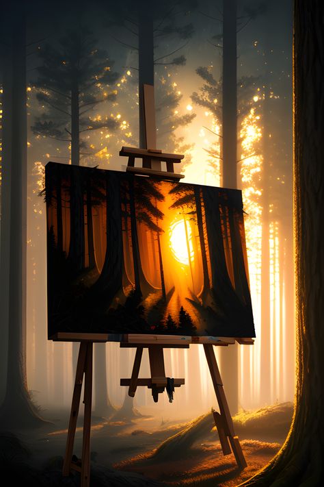 Painted picture presenting a magical forest at sunset or sunrise with trees Forest Sunset, Forest Painting, Magical Forest, Sunset Painting, Sunset Pictures, Forest Animals, Scenery Wallpaper, Painting On Wood, Forest