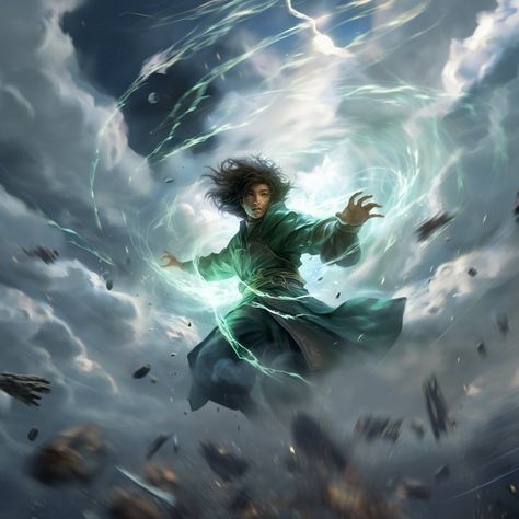 Wind God Fantasy Art, Wind User Character Design, Air Magic Fantasy Art, Fantasy Wind Magic, Wind Mage Art, Storm Mage Fantasy Art, Wind Control Magic, Wind Magic Fantasy Art, Wind Mage Fantasy Art