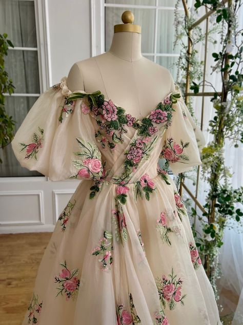 Fleur Trail Gown | Teuta Matoshi Unique Colorful Wedding Dresses, Cherry Blossom Gown, Floral Wedding Dress Colored, Flower Inspired Dress, Trail Gown, Spring Gown, Embroidery Gown, Green Flower Dress, Ocean Forest