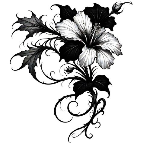 Gothic Flower Tattoo Dark Art, Gothic Leaves Tattoo, Blacked Out Flower Tattoo, Black Work Floral Tattoo, Gothic Flowers Drawing, Goth Floral Tattoo, Gothic Flower Drawing, Creepy Flower Tattoos, Black Work Flower Tattoo