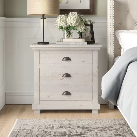 Night Stand White, Shiplap Headboard, Coastal Cottages, Open Frame Headboard, Unique Nightstand, Three Drawer Nightstand, Solid Wood Tv Stand, Bachelors Chest, Farmhouse Master