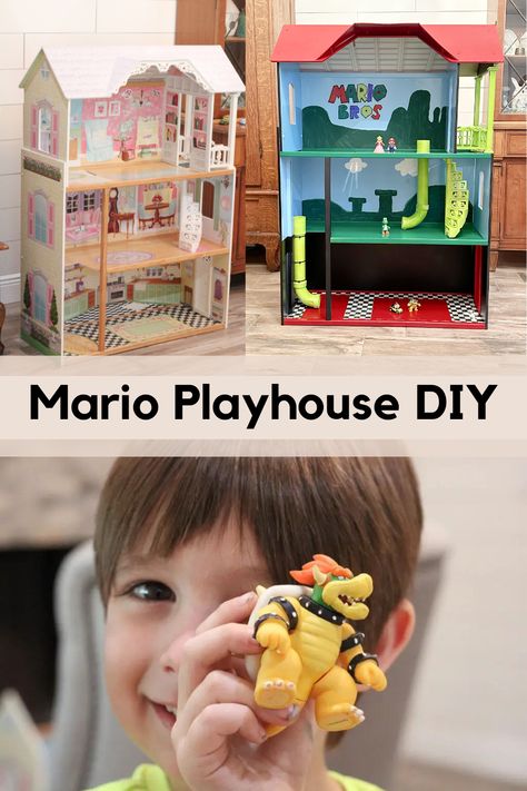 first picture is a Barbie playhouse, second picture is the same house made into a super Mario playhouse, the bottom picture is a little boy with brown hair holding a bowser figurine up. Super Mario House Diy, Mario Playset Diy, Diy Mario Dollhouse, Super Mario Doll House Diy, Super Mario Room Decor Diy, Super Mario Play House Diy, Mario Dollhouse, Super Mario Doll House, Mario Castle Diy